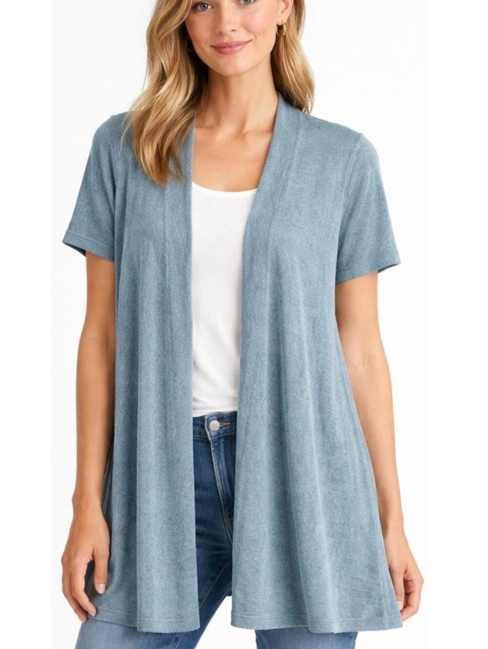 Eileen Fisher Muted Teal Blue Metallic  Open-Front Short-Sleeve Cardigan